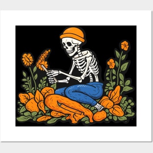 Bones and Botany, Skeleton Picking Flowers and Reading Posters and Art